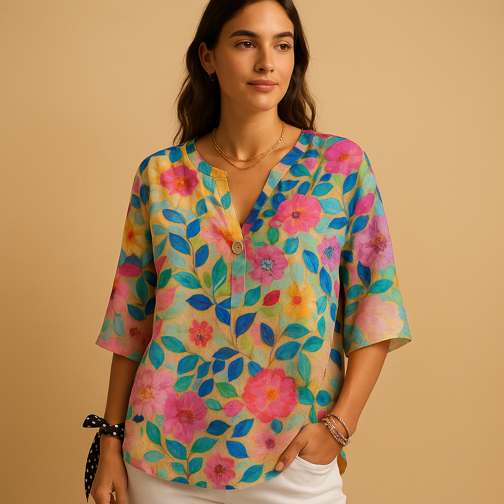 Women’s floral print button down blouse with classic collar and relaxed fit, perfect for summer outings, casual wear, or business occasions.