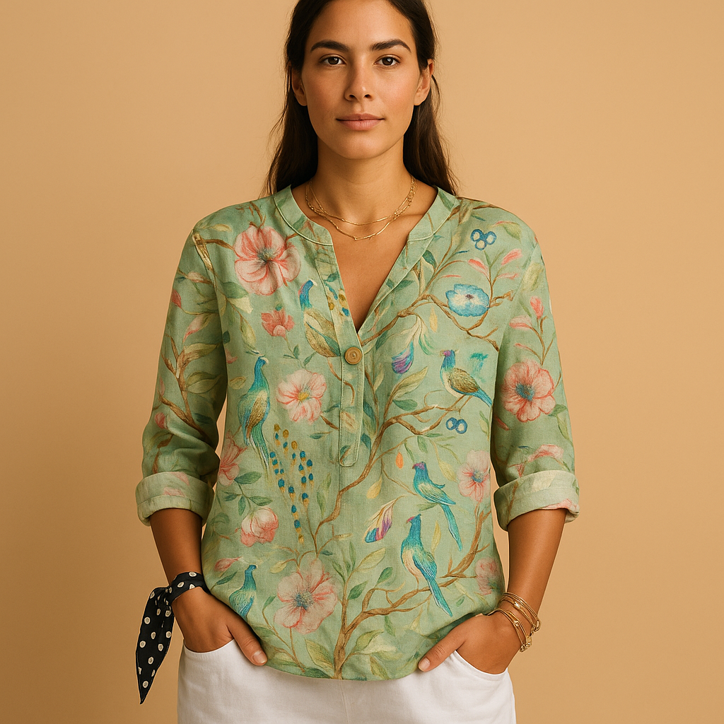 Women’s floral print button down blouse with classic collar and relaxed fit, perfect for summer outings, casual wear, or business occasions.