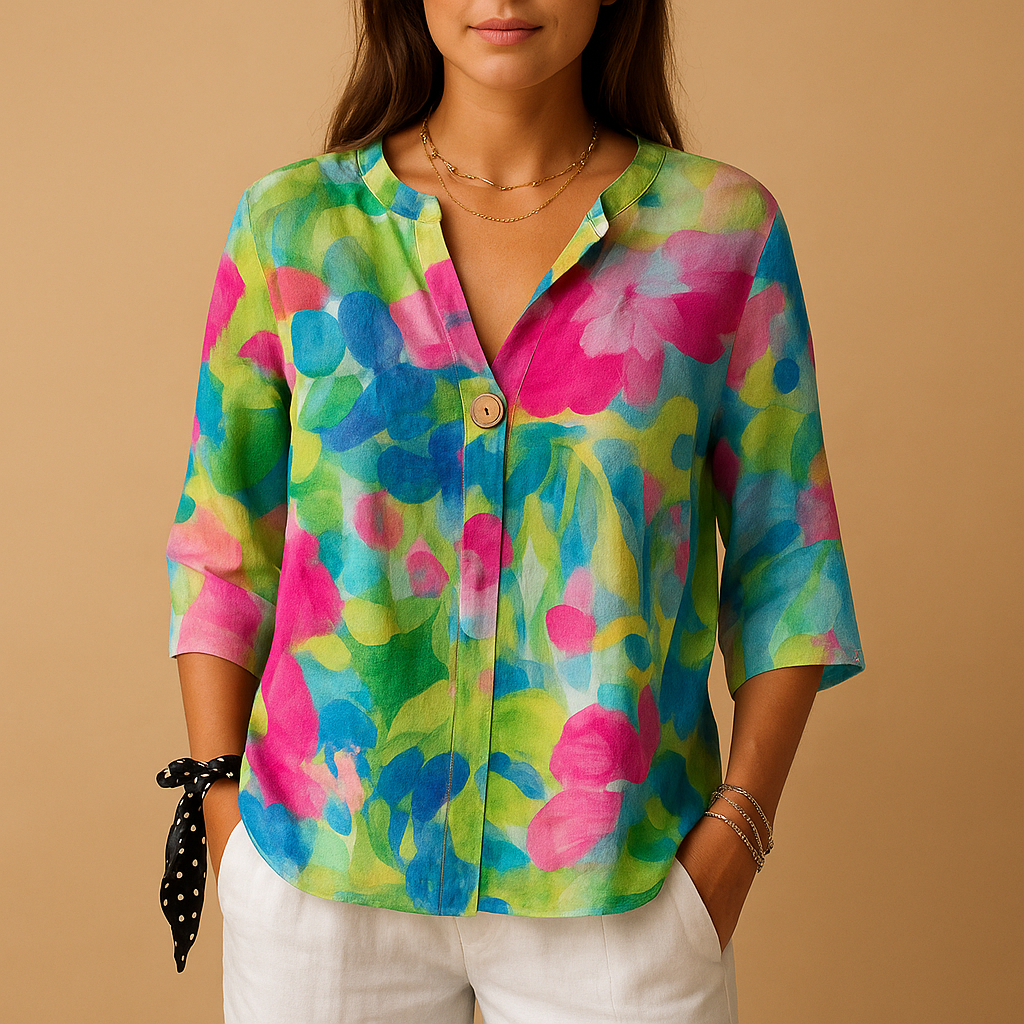 Women’s floral print button down blouse with classic collar and relaxed fit, perfect for summer outings, casual wear, or business occasions.