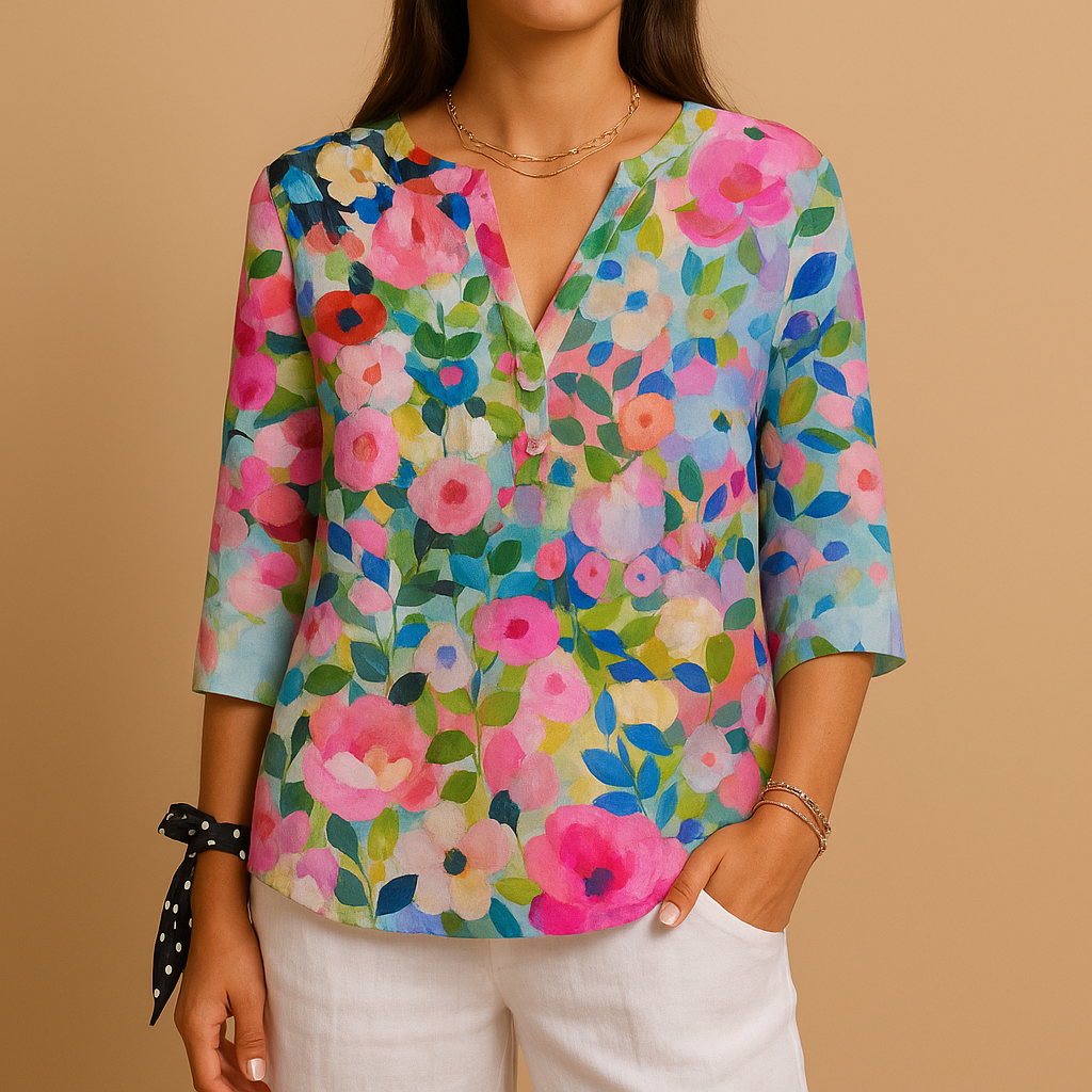 Women’s floral print button down blouse with classic collar and relaxed fit, perfect for summer outings, casual wear, or business occasions.