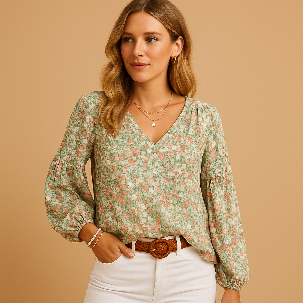 Floral print summer blouse for women in pink, white and green with loose fit and long sleeves, ideal for work, leisure and warm weather outfits.