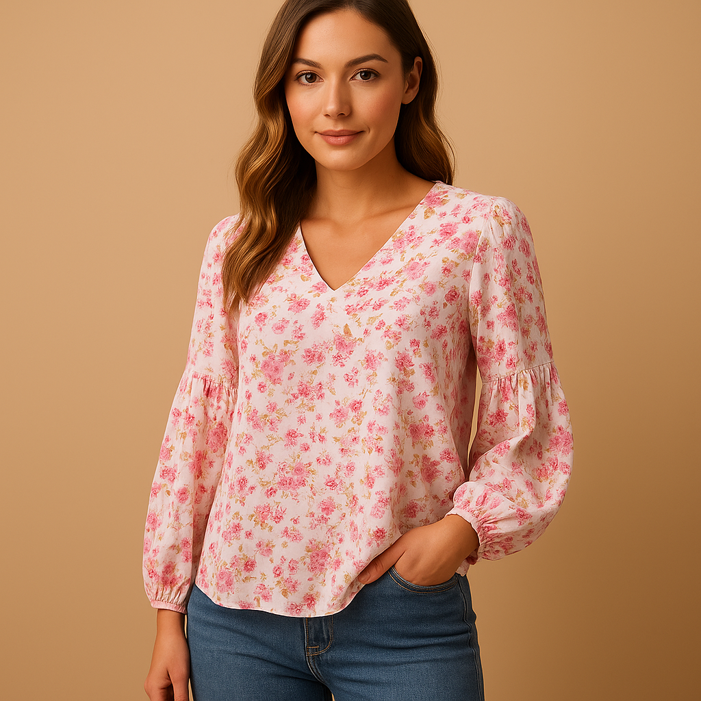 Floral print summer blouse for women in pink, white and green with loose fit and long sleeves, ideal for work, leisure and warm weather outfits.