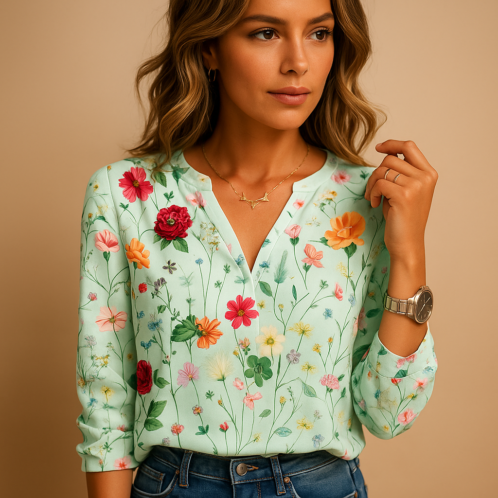Floral print V-neck blouse for women with long sleeves in white, purple, green and blue, ideal for office wear, casual outfits and layered looks.