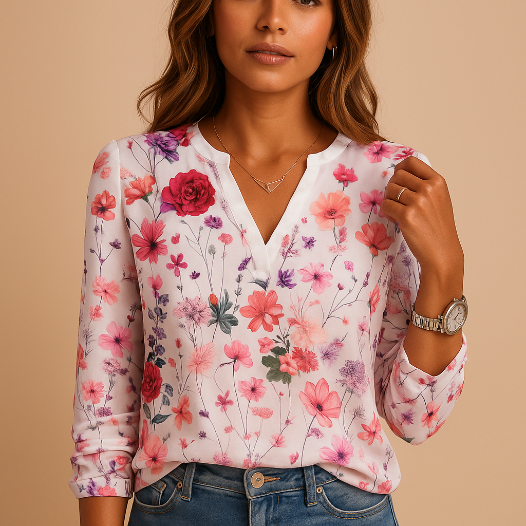 Floral print V-neck blouse for women with long sleeves in white, purple, green and blue, ideal for office wear, casual outfits and layered looks.