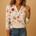Floral print V-neck blouse for women with long sleeves in white, purple, green and blue, ideal for office wear, casual outfits and layered looks.