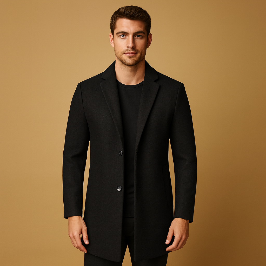 Men’s formal long winter coat with a classic design, warm construction, and elegant fit, suitable for business and autumn winter wear.