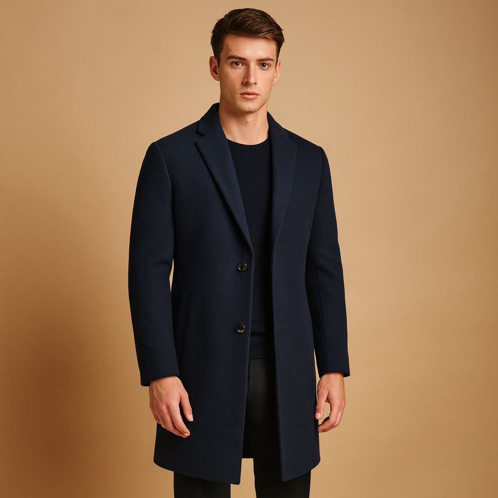 Men’s formal long winter coat with a classic design, warm construction, and elegant fit, suitable for business and autumn winter wear.