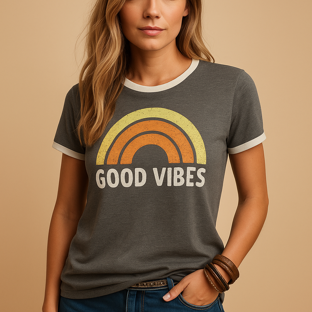 Good vibes print T-shirt for women in dark blue, blue, orange, yellow, green and grey with loose comfortable fit, ideal for summer and casual outfits.