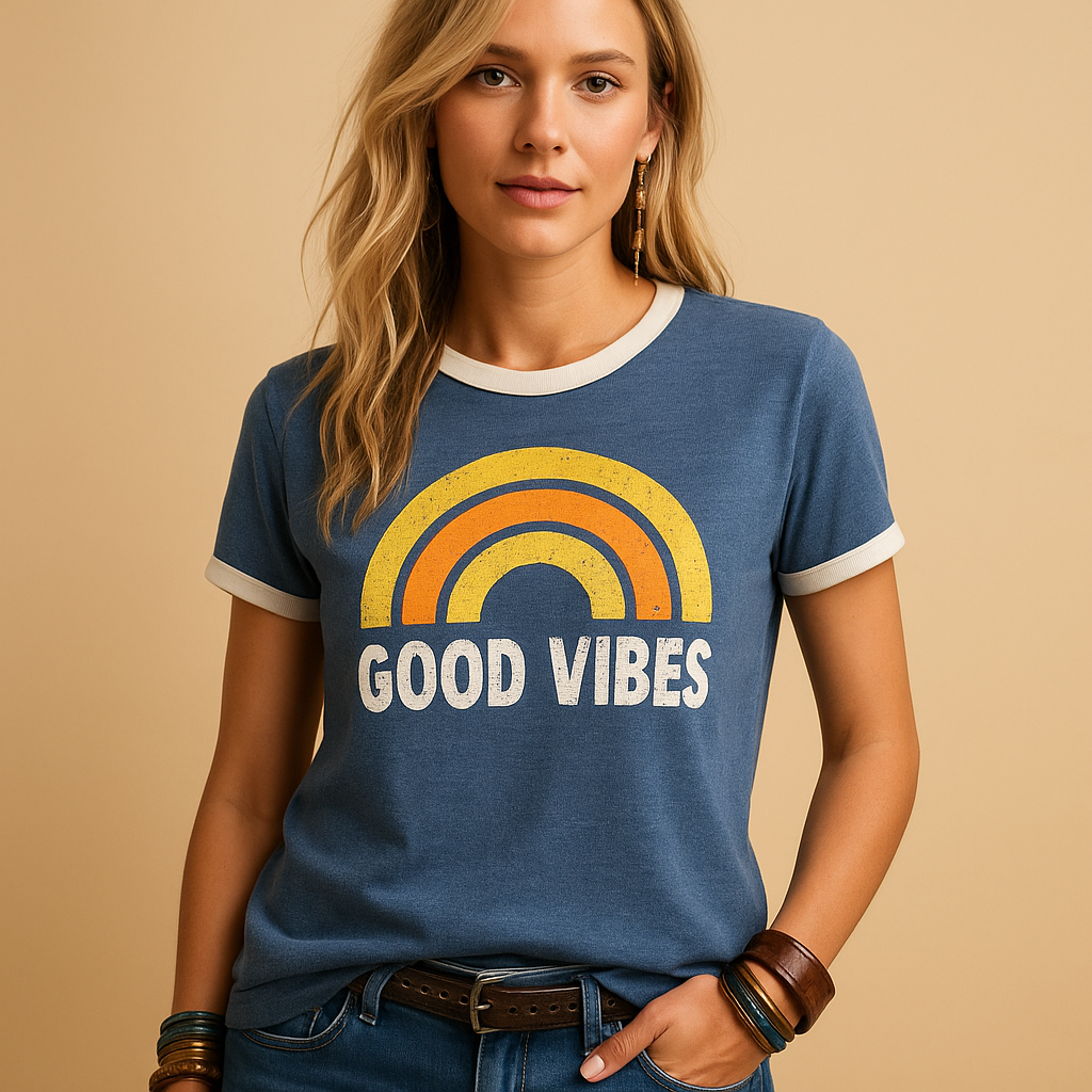Good vibes print T-shirt for women in dark blue, blue, orange, yellow, green and grey with loose comfortable fit, ideal for summer and casual outfits.