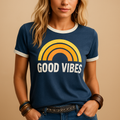Good vibes print T-shirt for women in dark blue, blue, orange, yellow, green and grey with loose comfortable fit, ideal for summer and casual outfits.
