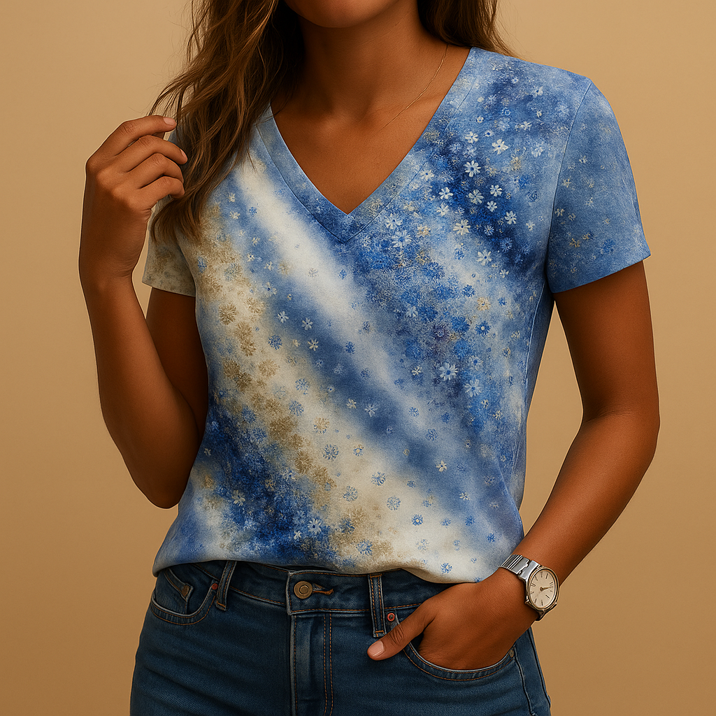 Women’s gradient print V-neck summer blouse with short sleeves and relaxed fit, perfect for casual outings, vacations, and warm weather wear.