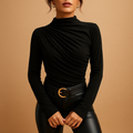High neck pleated blouse for women in black with elegant neckline and flattering fit, ideal for business meetings and formal occasions.