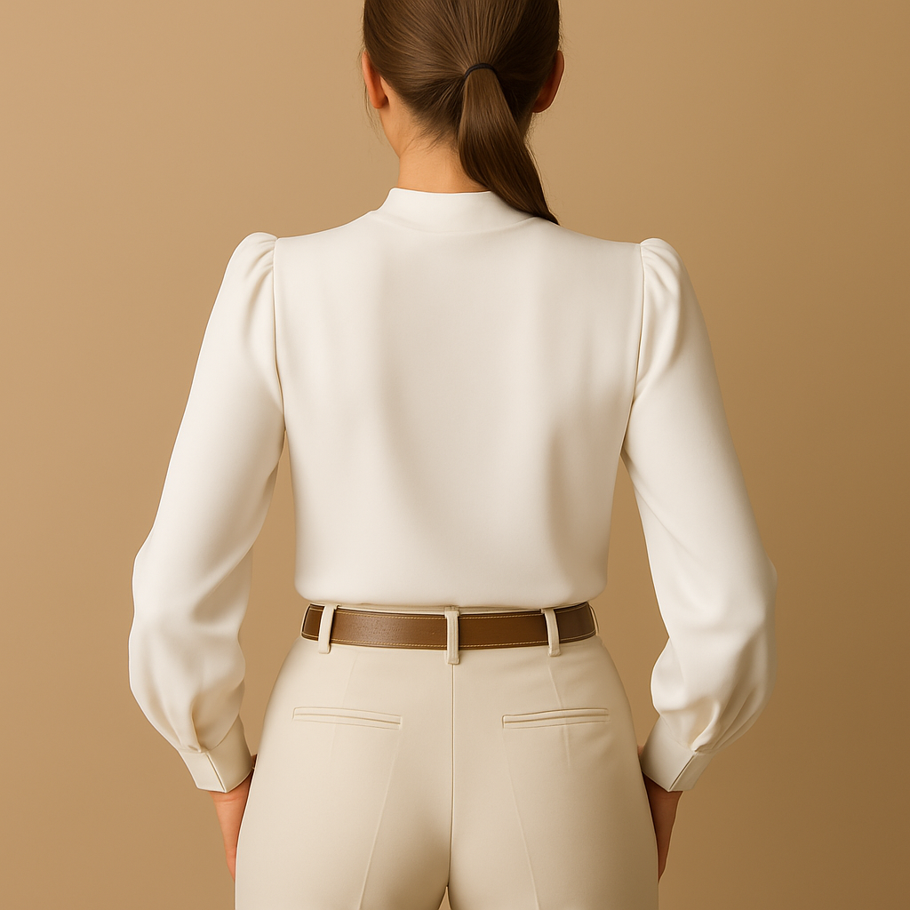 High neck ruffle blouse for women with stand collar and elegant details, ideal for office wear, social events and evening outfits.