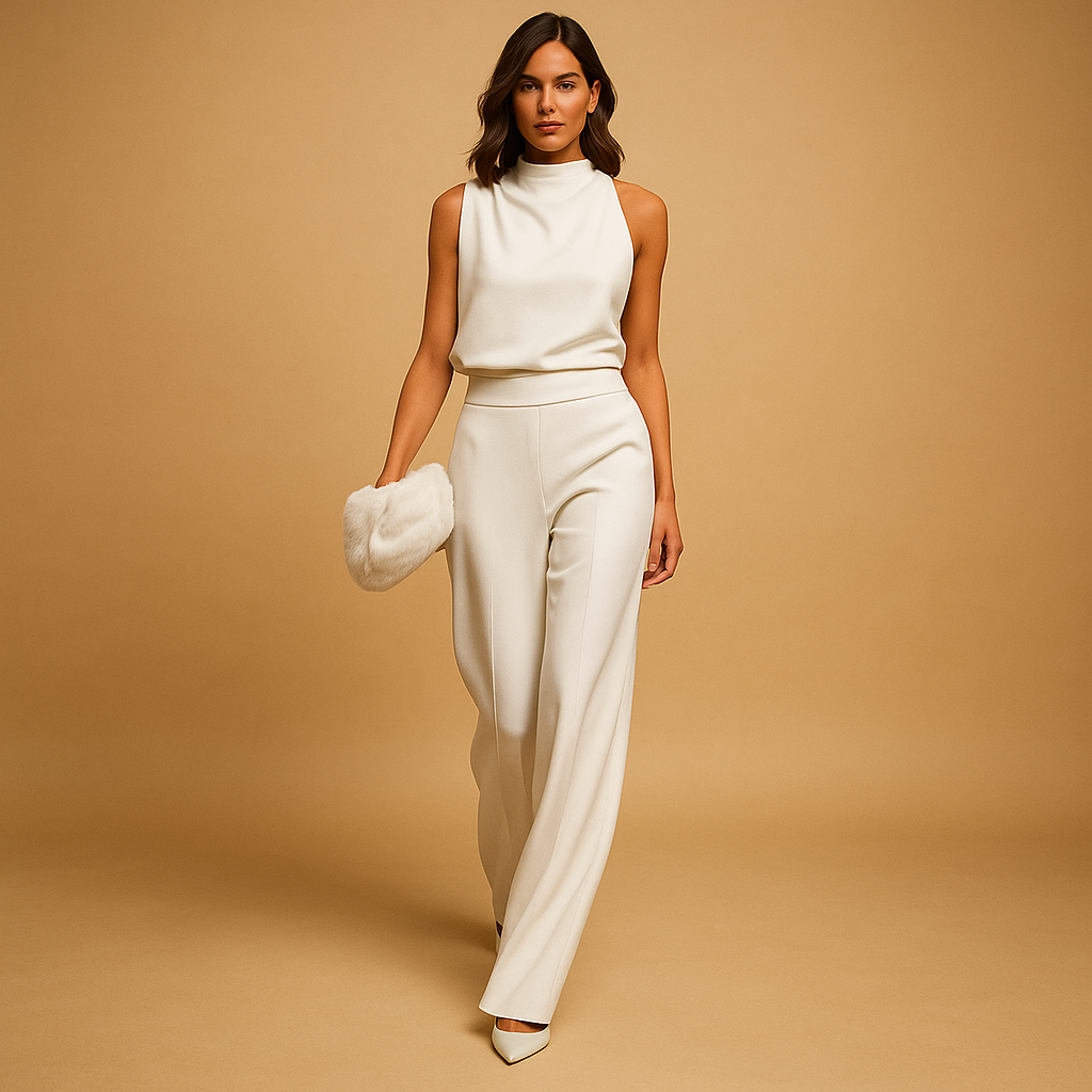 High waist wide leg halter jumpsuit for women with decorative bow and pockets, suitable for parties, dinners, and evening occasions.