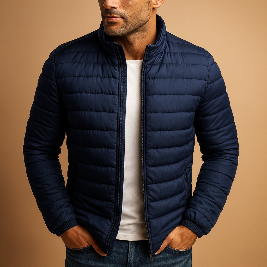 Men’s hooded puffer jacket with classic design, warm insulation, and comfortable fit, suitable for winter days and outdoor use.