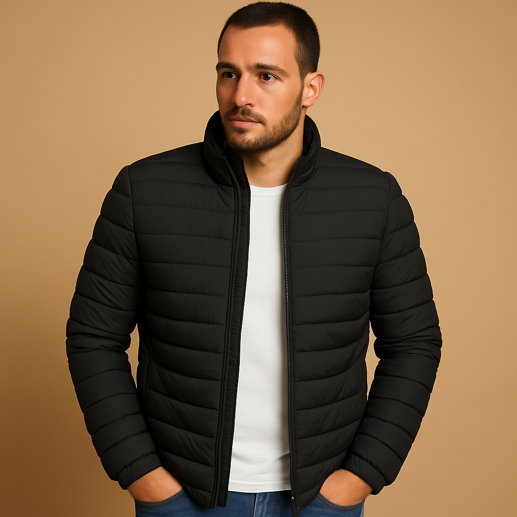 Men’s hooded puffer jacket with classic design, warm insulation, and comfortable fit, suitable for winter days and outdoor use.