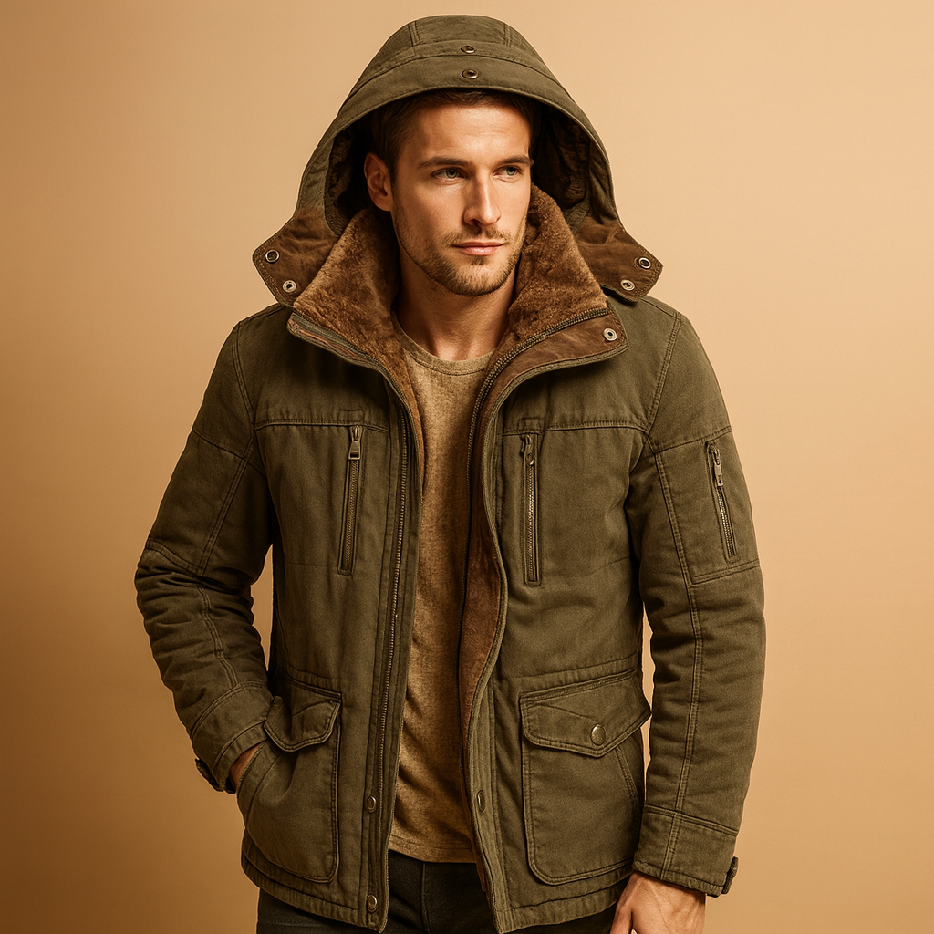 Men’s hooded winter coat with thick insulation and a classic design, suitable for cold winter days, daily wear, and outdoor activities.