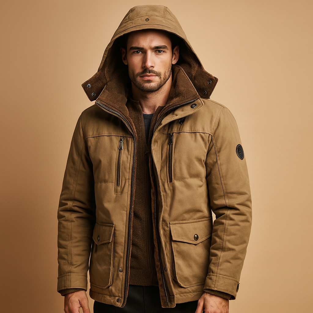 Men’s hooded winter coat with thick insulation and a classic design, suitable for cold winter days, daily wear, and outdoor activities.