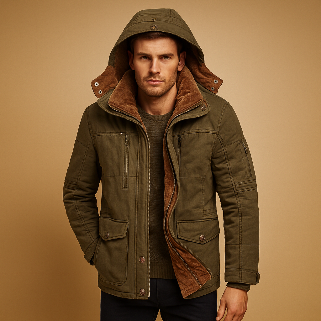 Men’s hooded winter coat with thick insulation and a classic design, suitable for cold winter days, daily wear, and outdoor activities.