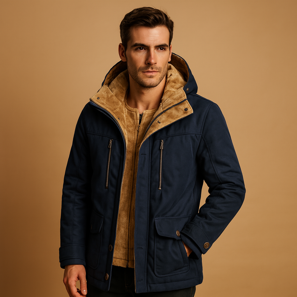 Men’s hooded winter coat with thick insulation and a classic design, suitable for cold winter days, daily wear, and outdoor activities.