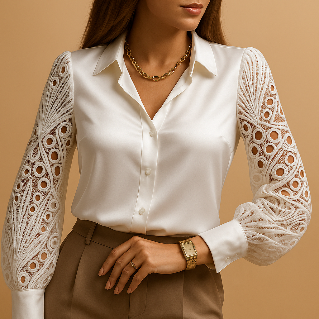 Women’s elegant blouse with sheer lace sleeves and classic collar, ideal for office wear, dinners, and formal occasions.