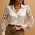 Women’s elegant blouse with sheer lace sleeves and classic collar, ideal for office wear, dinners, and formal occasions.