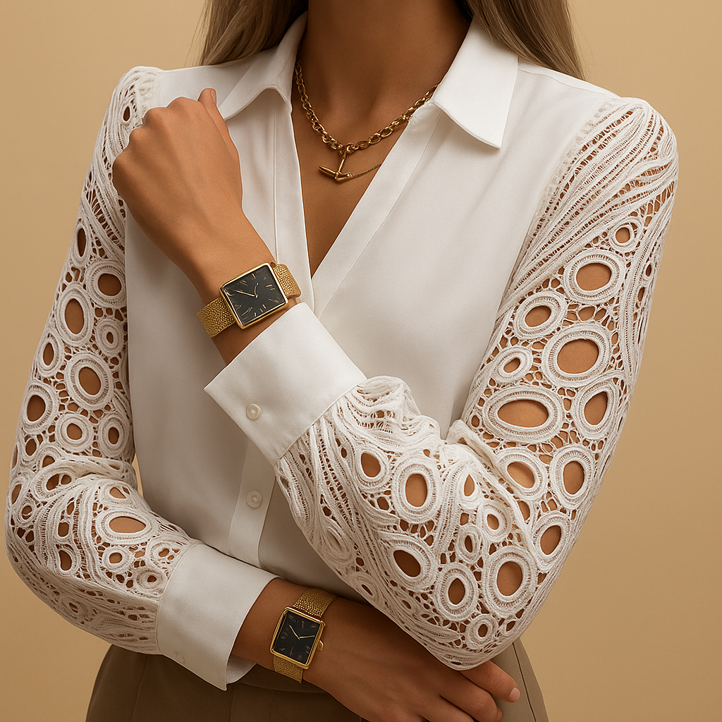 Women’s elegant blouse with sheer lace sleeves and classic collar, ideal for office wear, dinners, and formal occasions.