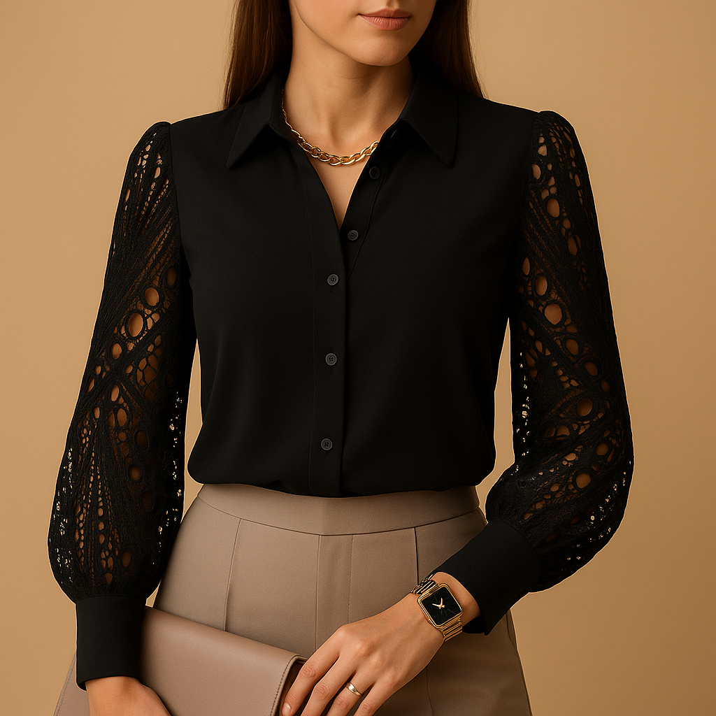 Women’s elegant blouse with sheer lace sleeves and classic collar, ideal for office wear, dinners, and formal occasions.