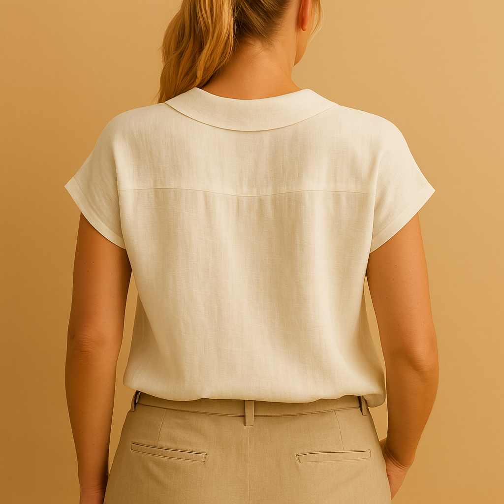 Women’s lightweight summer blouse with round neckline and button closure, perfect for beach trips, vacations, and casual warm weather outfits.