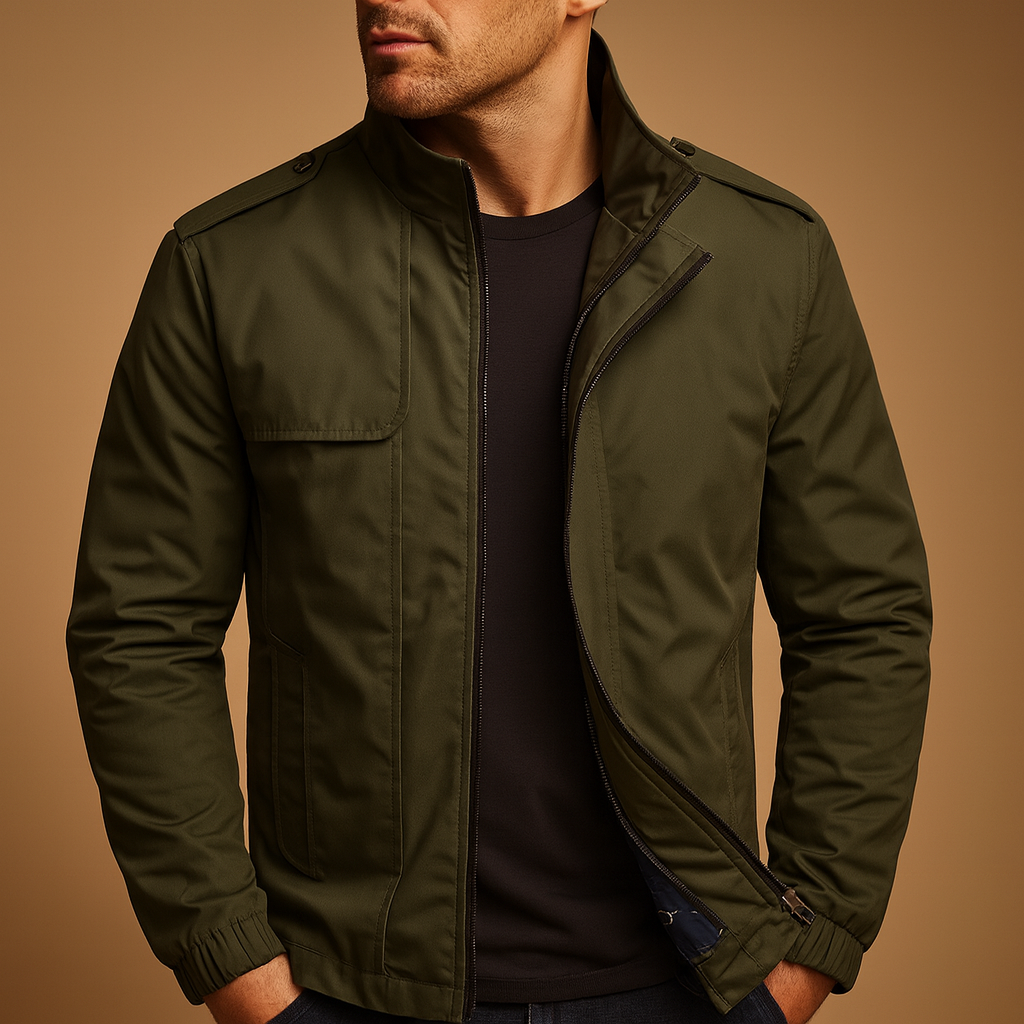 Lightweight summer jacket for men with a modern stand collar and practical pockets, ideal for warm days and versatile styling.