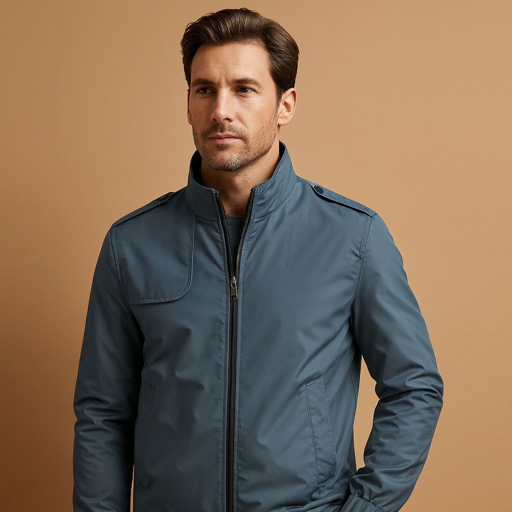 Lightweight summer jacket for men with a modern stand collar and practical pockets, ideal for warm days and versatile styling.