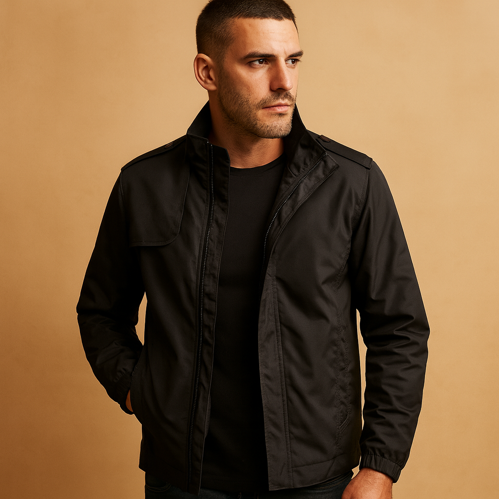 Lightweight summer jacket for men with a modern stand collar and practical pockets, ideal for warm days and versatile styling.