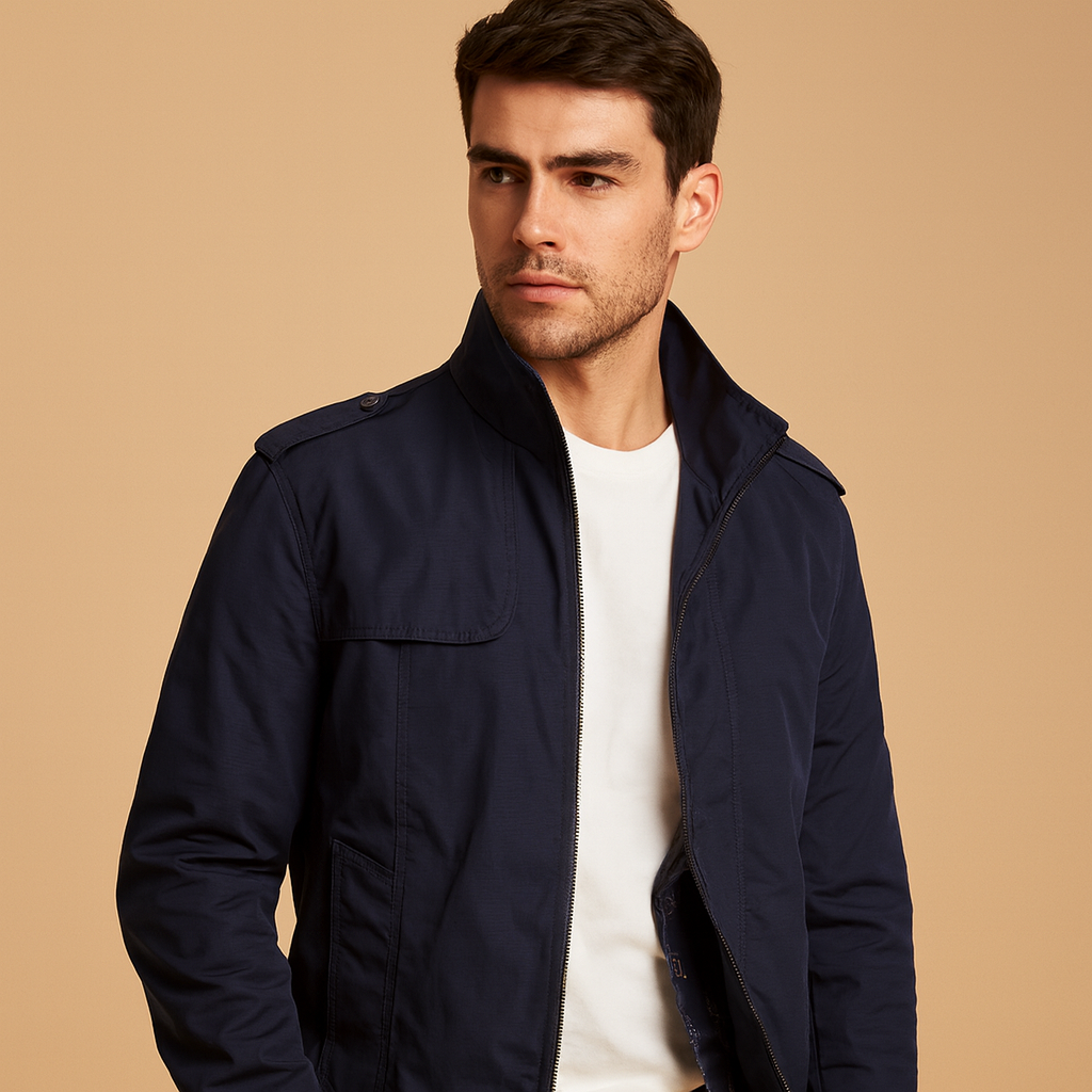 Lightweight summer jacket for men with a modern stand collar and practical pockets, ideal for warm days and versatile styling.