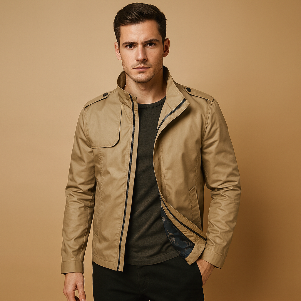 Lightweight summer jacket for men with a modern stand collar and practical pockets, ideal for warm days and versatile styling.