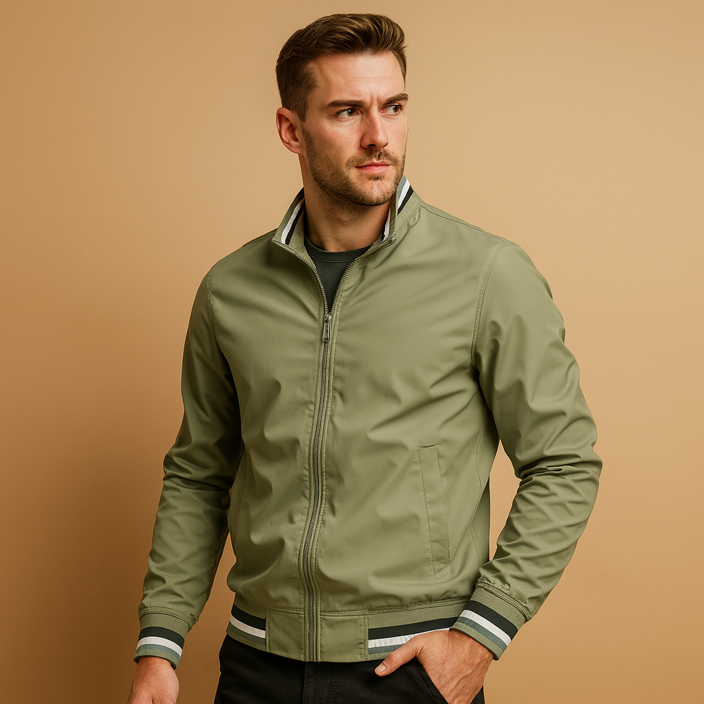 Men’s lightweight summer jacket with a breathable design, timeless look, and zip closure, suitable for daily wear, travel, and evening occasions.