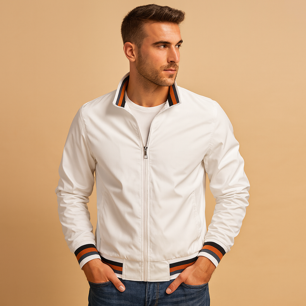 Men’s lightweight summer jacket with a breathable design, timeless look, and zip closure, suitable for daily wear, travel, and evening occasions.
