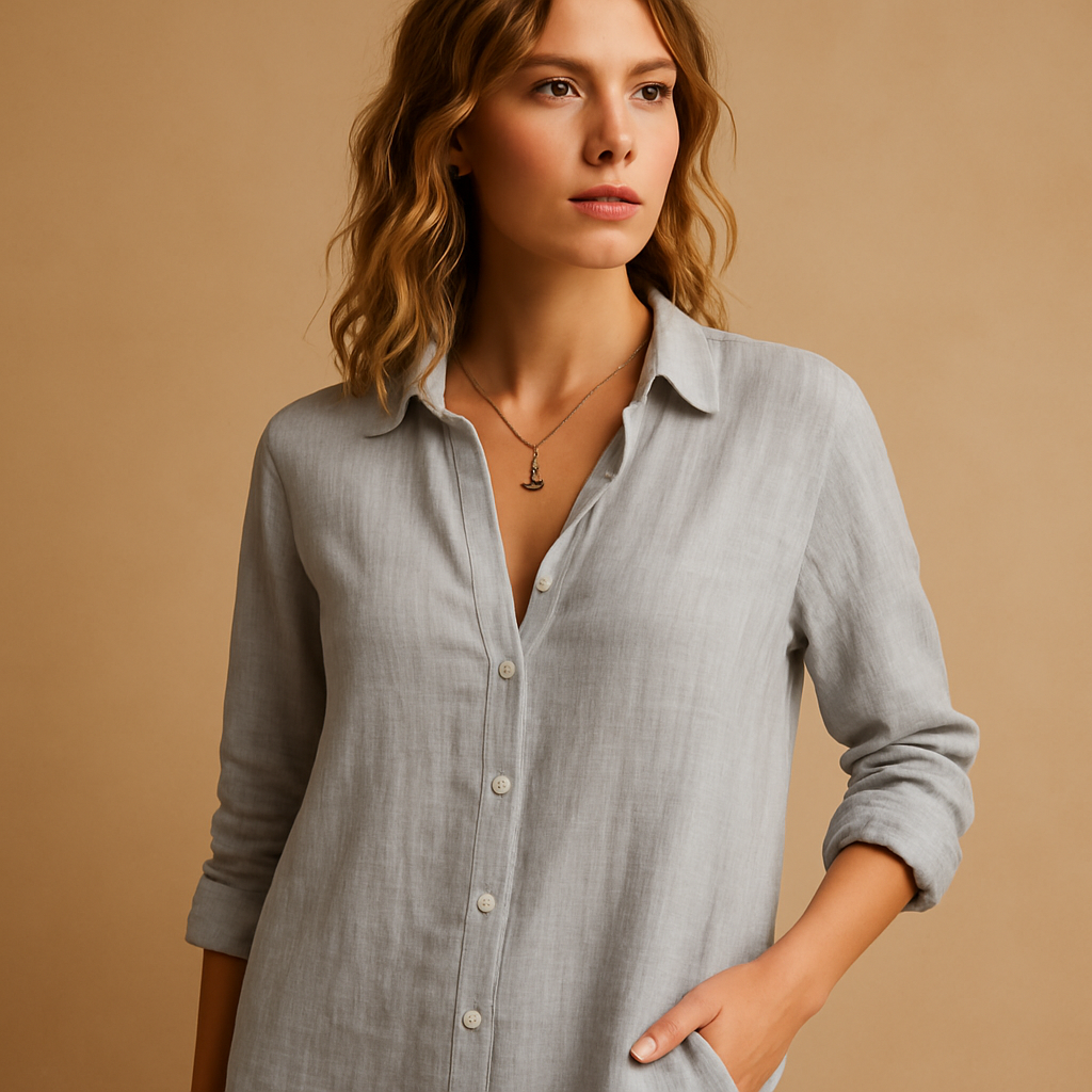 Linen blend blouse with lapel collar for women featuring a breathable fit and classic button closure, ideal for office and casual outfits.