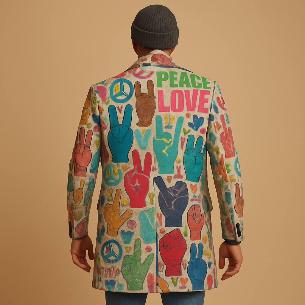 Men’s long graphic coat with a modern pattern and comfortable fit, suitable for work, evening events, and everyday wear in all seasons.