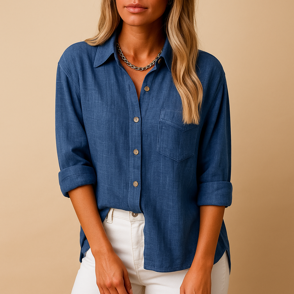 Women’s long sleeve button up blouse with shirt collar and chest pockets, ideal for office wear, casual outfits, and everyday styling.
