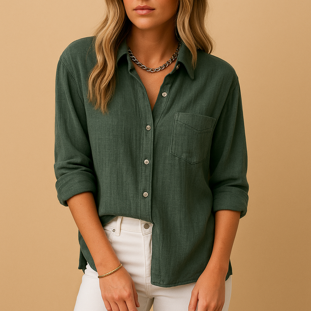 Women’s long sleeve button up blouse with shirt collar and chest pockets, ideal for office wear, casual outfits, and everyday styling.