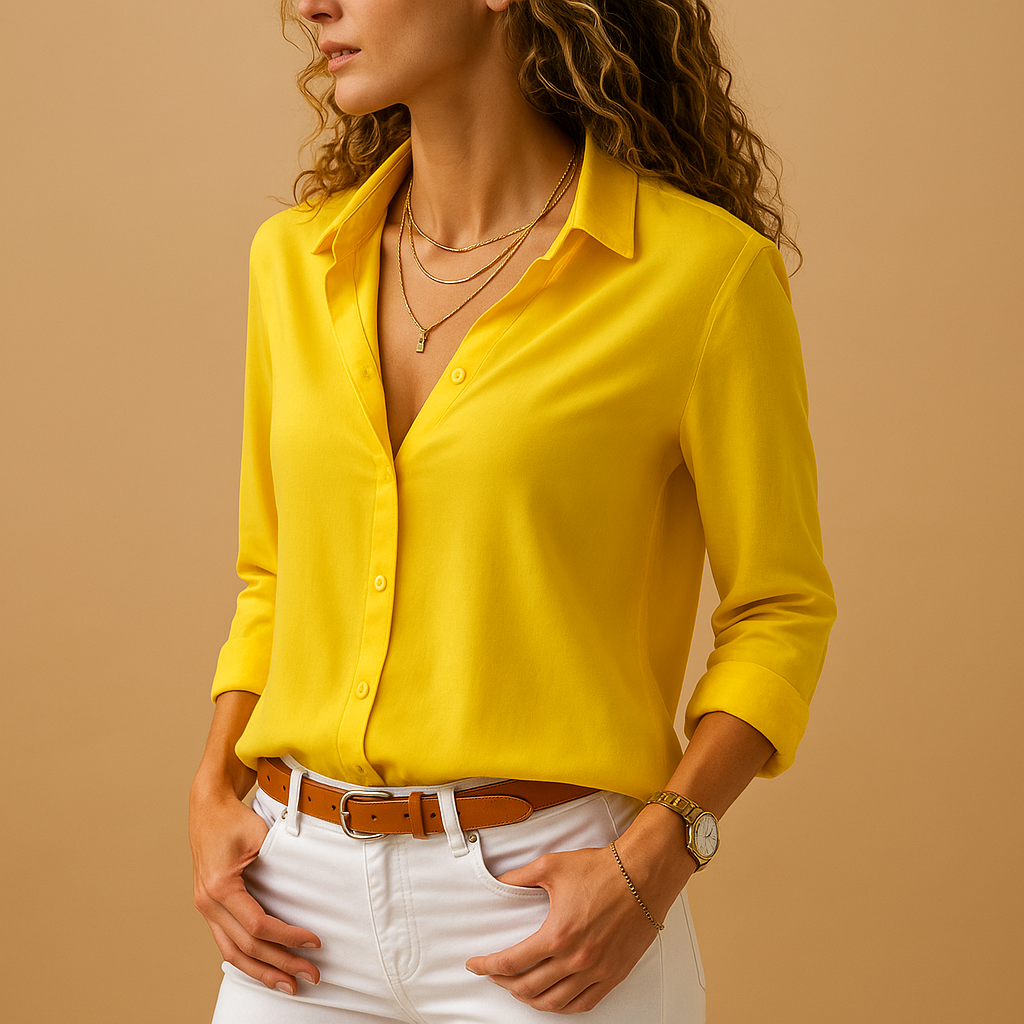 Women’s long sleeve V-neck button blouse with tailored fit, ideal for office wear, smart casual outfits, and elegant evening looks.
