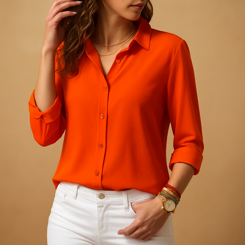 Women’s long sleeve V-neck button blouse with tailored fit, ideal for office wear, smart casual outfits, and elegant evening looks.