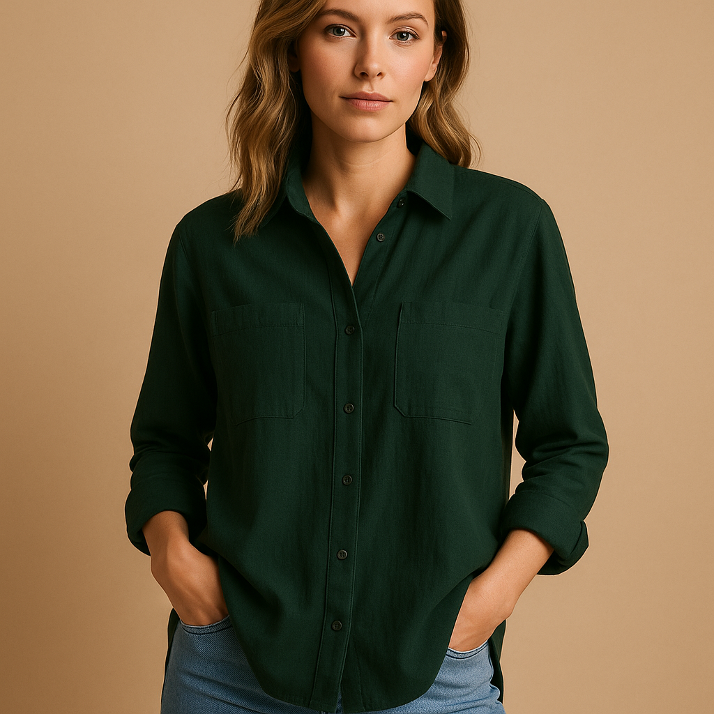Loose fit long sleeve blouse for women in white, black, beige, gray, green and blue, ideal for office wear and everyday outfits.