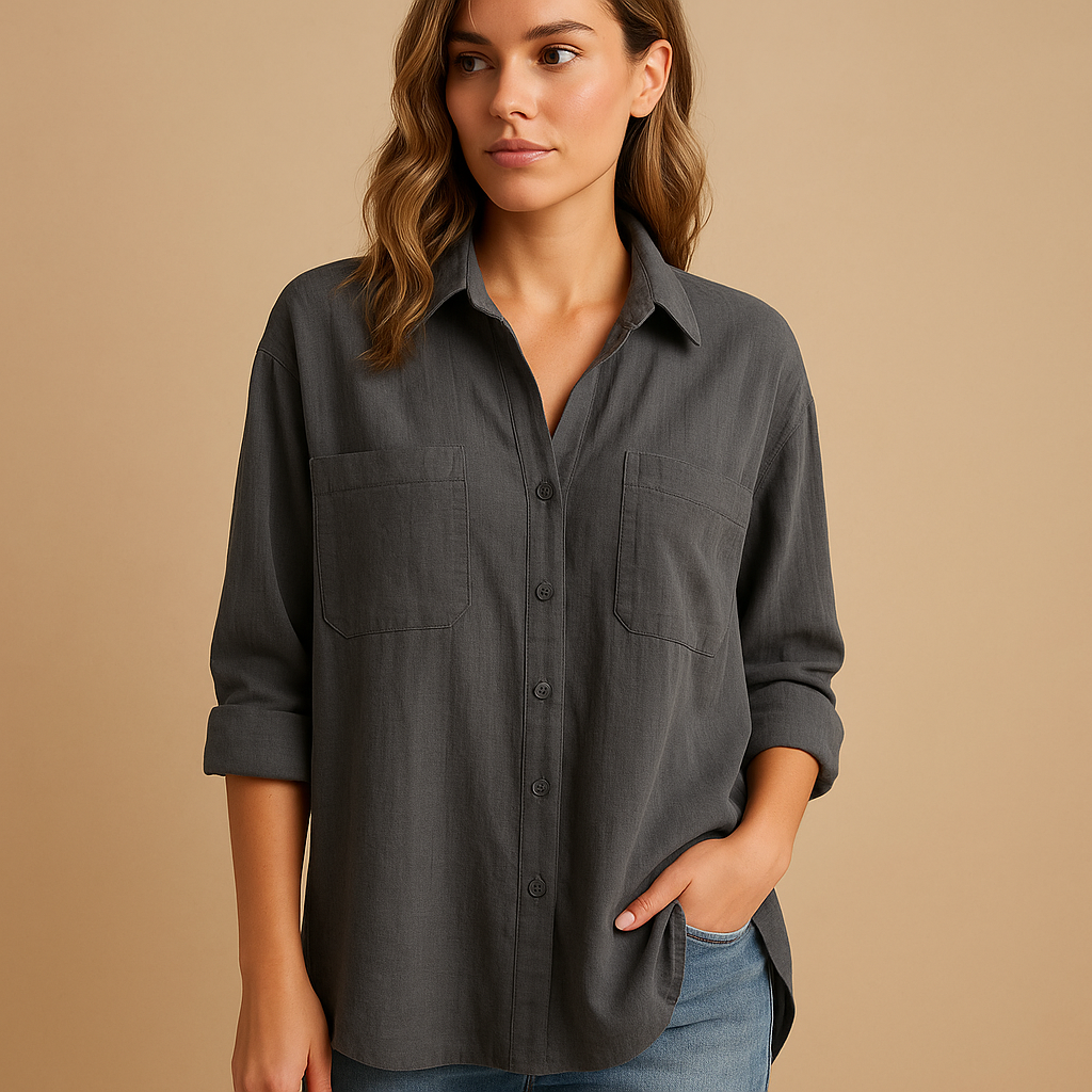 Loose fit long sleeve blouse for women in white, black, beige, gray, green and blue, ideal for office wear and everyday outfits.