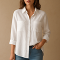 Loose fit long sleeve blouse for women in white, black, beige, gray, green and blue, ideal for office wear and everyday outfits.