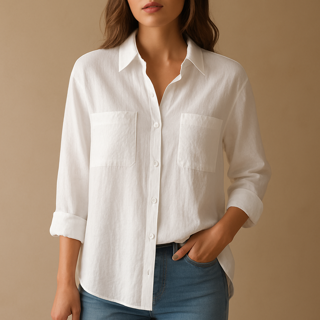 Loose fit long sleeve blouse for women in white, black, beige, gray, green and blue, ideal for office wear and everyday outfits.