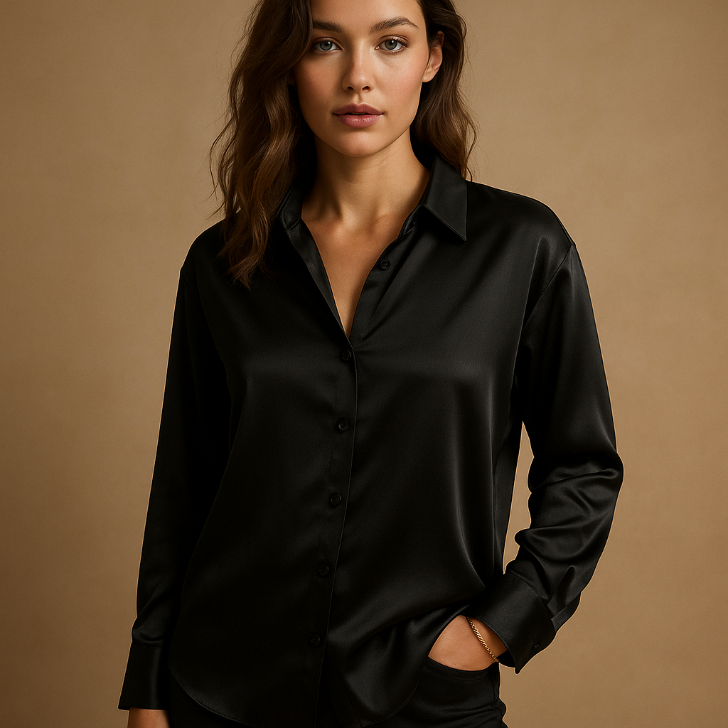 Women’s loose fit V-neck blouse with collar and button closure, lightweight and elegant for work, casual, or formal occasions.