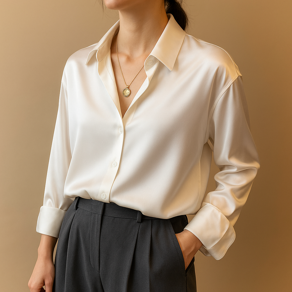 Women’s loose fit V-neck blouse with collar and button closure, lightweight and elegant for work, casual, or formal occasions.