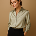 Women’s loose fit V-neck blouse with collar and button closure, lightweight and elegant for work, casual, or formal occasions.