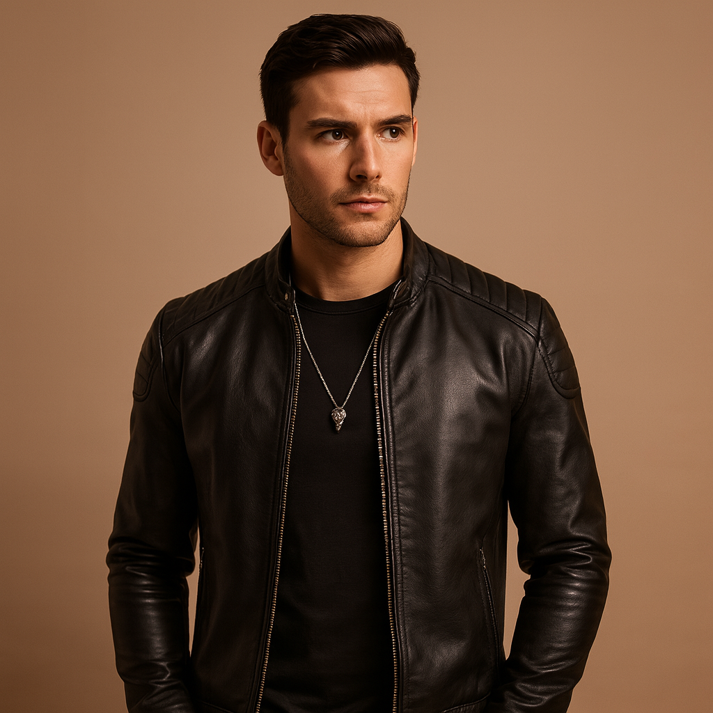 Men’s luxury biker jacket with a refined classic design, suitable for business outfits, casual looks, and everyday wear.